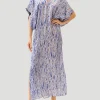 Beatriz Blue Feather Print Silk Kaftan Dress