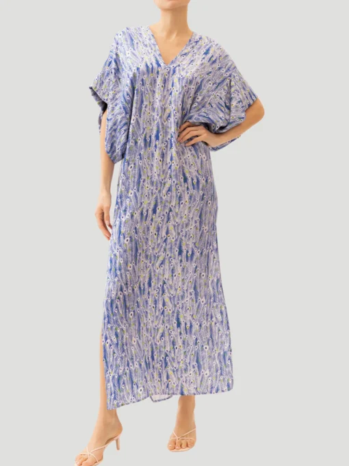 Beatriz Blue Feather Print Silk Kaftan Dress
