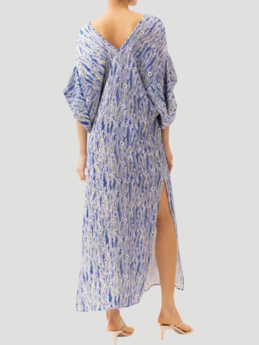 Beatriz Blue Feather Print Silk Kaftan Dress