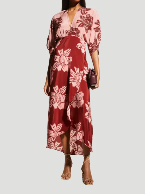Katherine Pink Floral Kimono-Sleeve Silk Maxi Dress