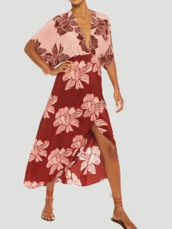 Katherine Pink Floral Kimono-Sleeve Silk Maxi Dress