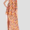 One Shoulder Caftan in Coral Multi