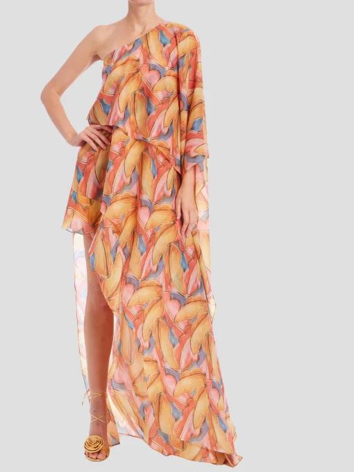 One Shoulder Caftan in Coral Multi