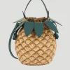 Pineapple Leather-Trimmed Raffia Bucket Bag