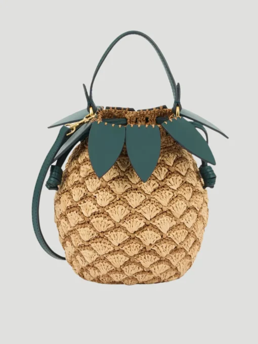 Pineapple Leather-Trimmed Raffia Bucket Bag