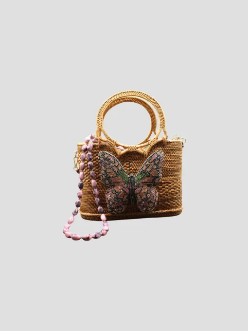 Raffia Tote with Pink Butterfly and Gemstone Strap