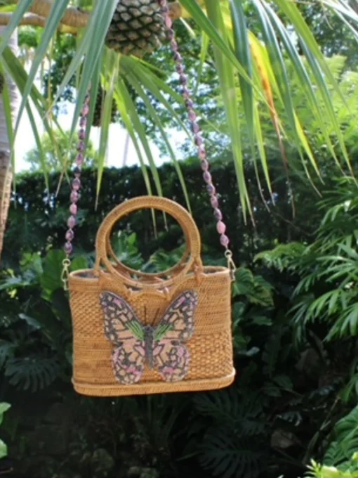 Raffia Tote with Pink Butterfly and Gemstone Strap