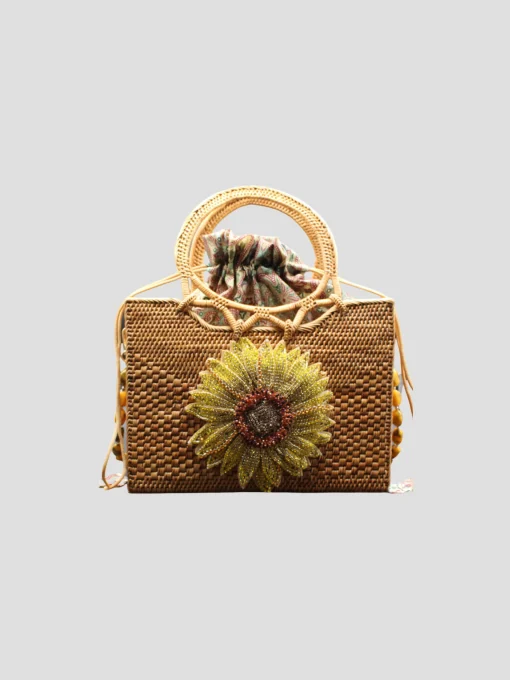 Raffia Tote with Sunflower and Gemstone Straps