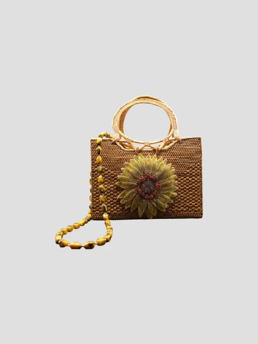 Raffia Tote with Sunflower and Gemstone Straps