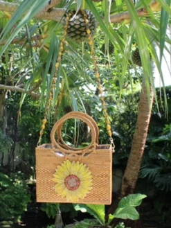 Raffia Tote with Sunflower and Gemstone Straps