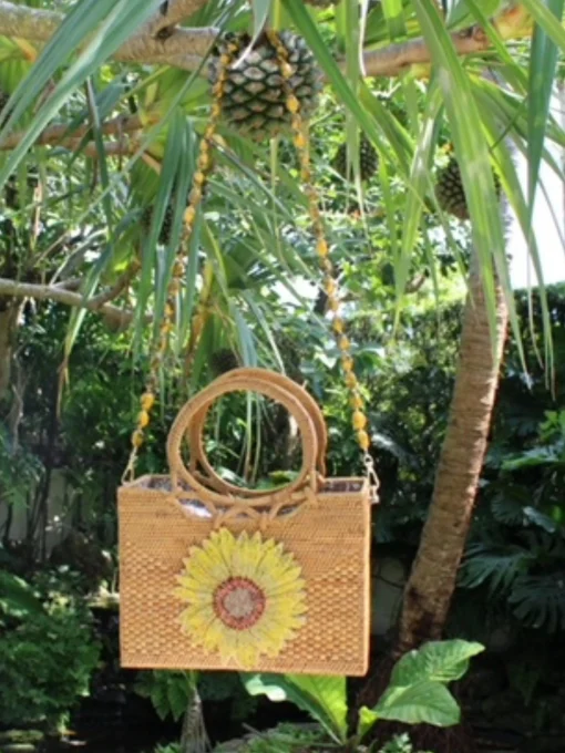 Raffia Tote with Sunflower and Gemstone Straps