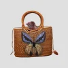 Raffia Tote with Yellow Embroidered Butterfly