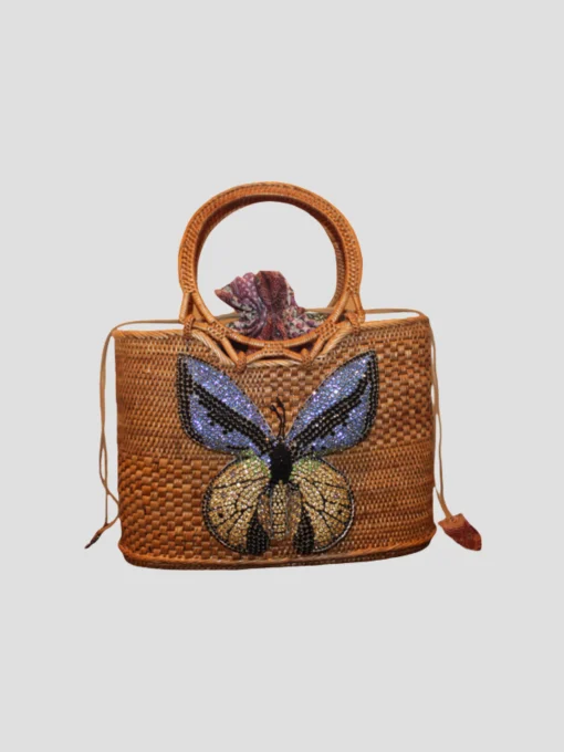 Raffia Tote with Yellow Embroidered Butterfly