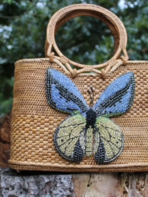Raffia Tote with Yellow Embroidered Butterfly