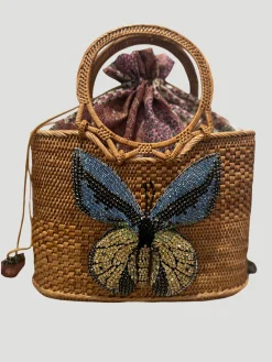 Raffia Tote with Yellow Embroidered Butterfly