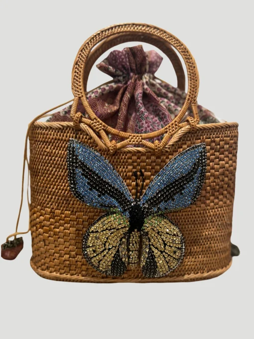 Raffia Tote with Yellow Embroidered Butterfly
