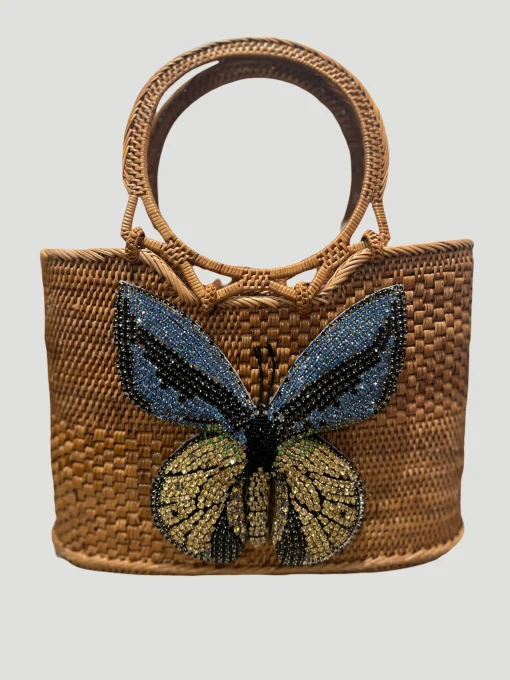Raffia Tote with Yellow Embroidered Butterfly
