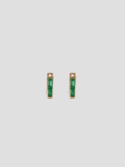 Rose Gold Chubby Square Huggie Earrings w/ Emerald Baguettes