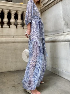 Santorini Maxi Dress in Blue and White