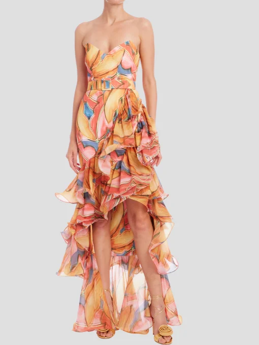 Strapless Print Tiered Dress in Coral Multi