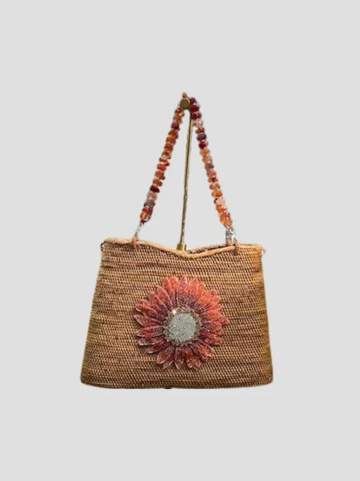 Swarovski Embroidered Sunflower Raffia Bag with Semi Precious Gemstone