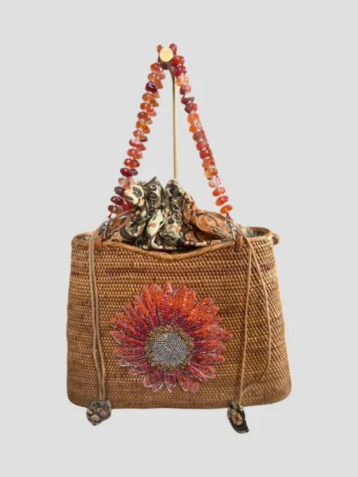 Swarovski Embroidered Sunflower Raffia Bag with Semi Precious Gemstone