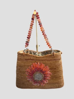 Swarovski Embroidered Sunflower Raffia Bag with Semi Precious Gemstone