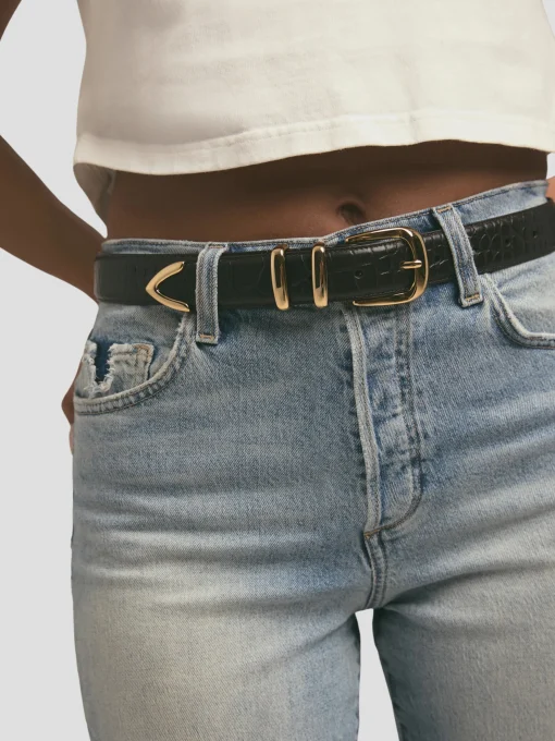 The Jordan Croc Embossed Belt in Brown and Gold