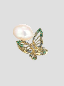 Gold Butterfuly Pearl Ring