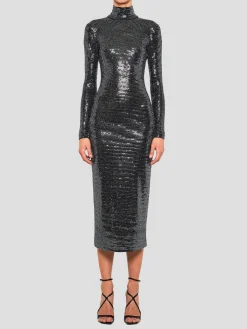 Metallic Jersey Midi Turtleneck Dress