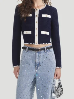 Navy Crochet Contrast-Trim Cardigan