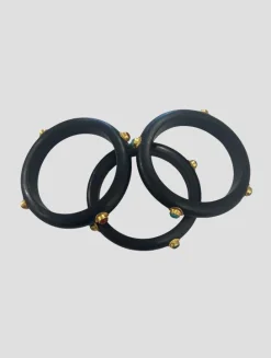 SET OF 3 BLACK WOOD BANGLE W MULTI STONE