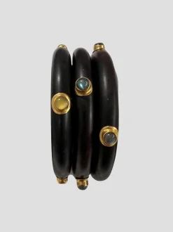 SET OF 3 BLACK WOOD BANGLE W MULTI STONE