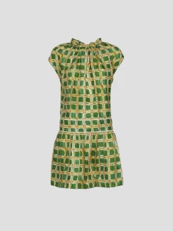 Short Sleeve Check Print Silk Mini Dress in Green