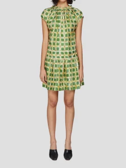 Short Sleeve Check Print Silk Mini Dress in Green